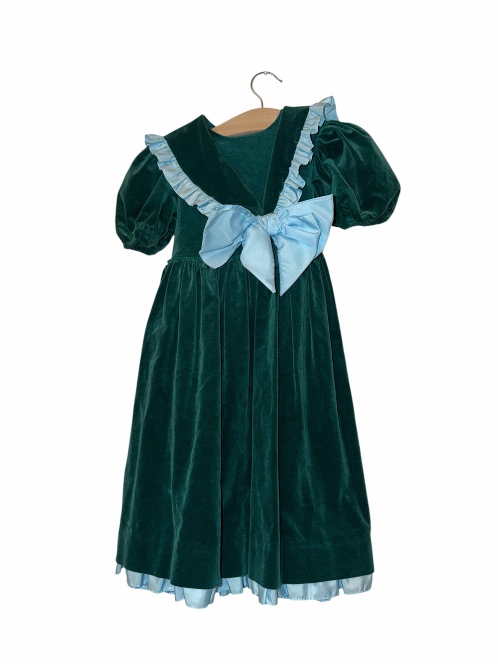 VTG Ruth of Carolina girls Green Velvet Dress Light Blue Bow Sz 5 puff sleeve